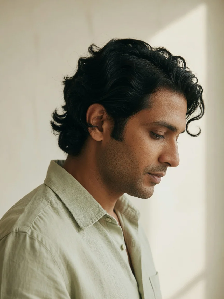 Editorial portrait of a man with wavy hair