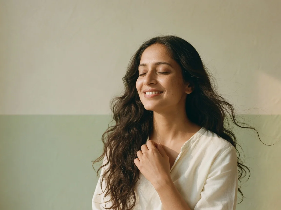 Editorial portrait of a woman with naturally wavy hair