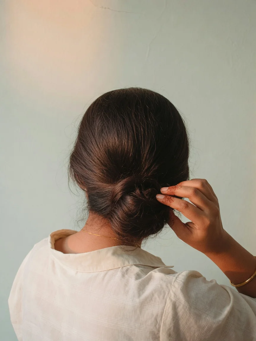 Illustrative photograph of a woman gathering her hair